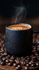 Steaming Coffee in Black Speckled Mug Surrounded by Roasted Beans on Wooden Surface