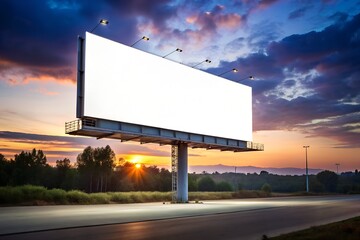 Blank Billboard at Sunset Ready for Advertisement with Dramatic Sky and Road Leading to Horizon