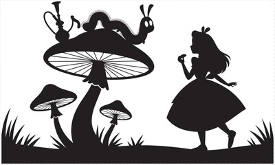 Silhouette of caterpillar on mushroom with hookah and girl alice in wonderland