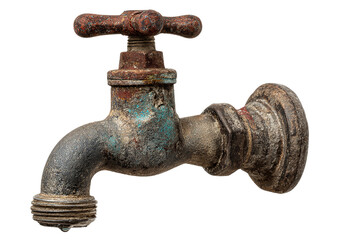 A weathered and corroded vintage faucet with traces of blue paint isolated on transparent background