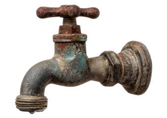A weathered and corroded vintage faucet with traces of blue paint isolated on transparent background