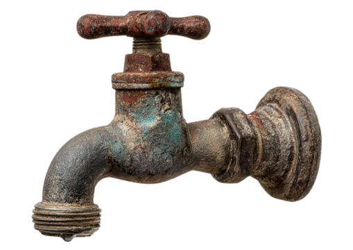 A weathered and corroded vintage faucet with traces of blue paint isolated on transparent background