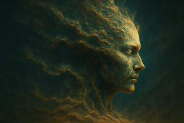 A surreal digital painting of a human face formed from swirling golden dust, peacefully emerging from a dark, atmospheric void. The serene expression suggests inner calm and spiritual transcendence. 