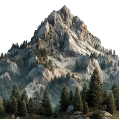 A towering mountain peak with dense forest at its base and rocky slopes isolated on transparent background