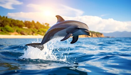 Fototapeta premium Playful Dolphin leaps in the sunlit ocean with beach and waves background.