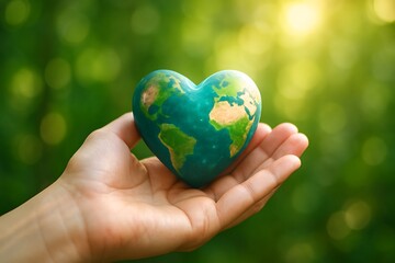 Open hands holding a heart shaped earth globe