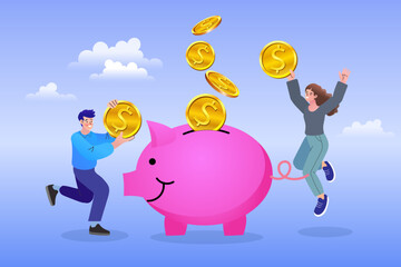 A happy man and woman jump and put giant dollar coins into a large pink piggy bank. This scene symbolizes a couple's joint savings, financial planning, and achieving a wealth goal.