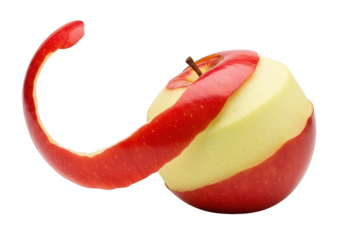 Bright red apple with peel spiraling against fruit food