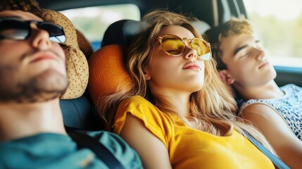 Candid photo of college friends sleeping during a long drive