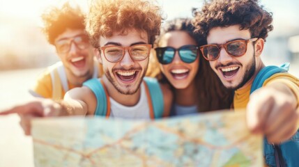 College friends excitedly pointing at map during travel
