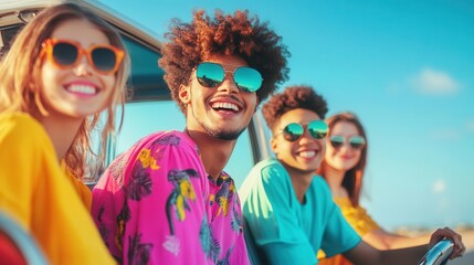 College students with colorful clothes enjoying a road trip