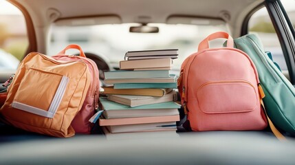 Messy car interior filled with books, backpacks, and college gear
