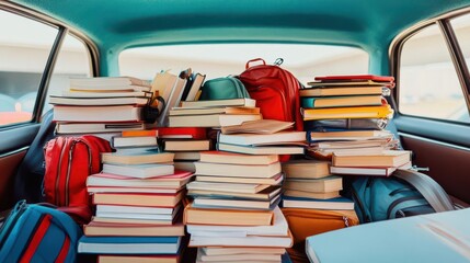 Messy car interior filled with books, backpacks, and college gear