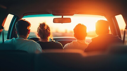 Silhouettes of college friends at sunset inside a car