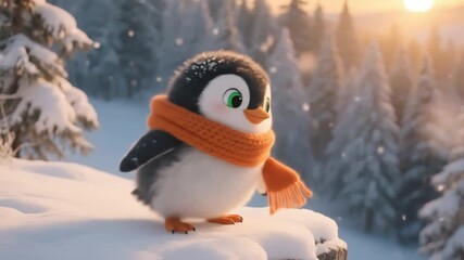 adorable baby penguin in orange scarf on snowy cliff at sunrise