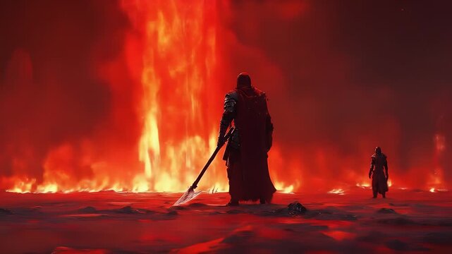 Warrior with an axe in a burning street scene