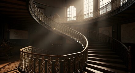 Dark Grand Spiral Staircase - Elegant Architecture, Dramatic Light, Luxurious Interior, Mysterious History, Majestic Design, Regal Atmosphere