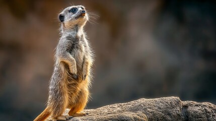 Fototapeta premium A curious meerkat stands upright on a rock, alert and exploring its surroundings.