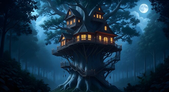Fantasy Treehouse - Magical Forest at Night, Full Moon, Enchanting Landscape, Dreamlike Adventure, Mystical Architecture, Whimsical Scene