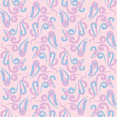 This seamless ornament pattern displays intricate swirls and curves in soft pink and blue tones, perfect for use in fabric design or home decor applications