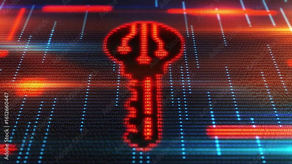 Poster key symbol glowing in a stream of encrypted data