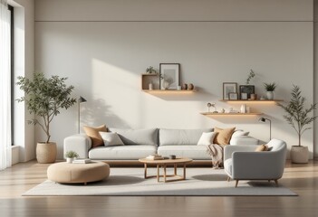 Fototapeta premium Modern living room interior design with light beige tones.