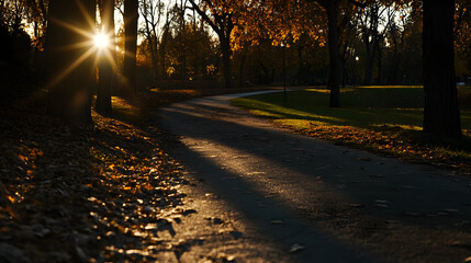 Sunburst Through Autumn Trees Casting Long Shadows on a Winding Path