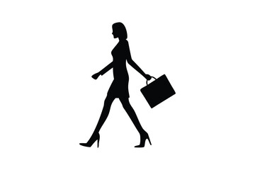 Businesswoman Silhouette Walking with Briefcase on White Background