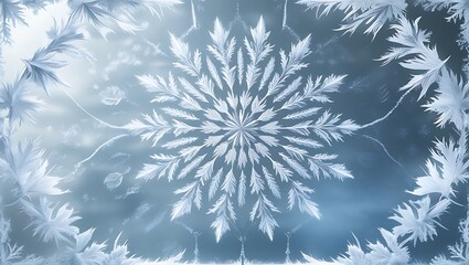 Intricate ice crystal patterns form a beautiful snowflake design on a frosty blue background