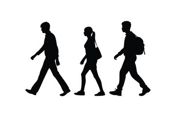 Silhouette of three people walking with bags and backpacks isolated on white background