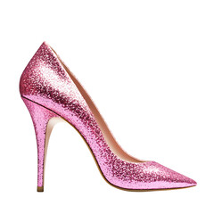 Obraz premium A single pink glitter high heel shoe isolated on white background