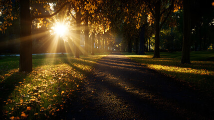 Sunburst Through Autumnal Trees Lining a Park Path at Golden Hour