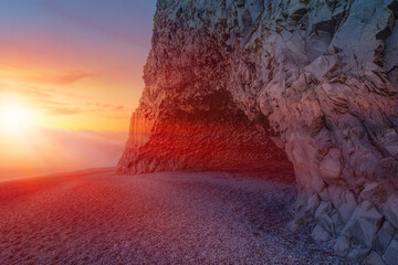Amazing volcanic rock formations at amazing sunset - Reynisdrangar rock formations and black beach - Vik, Iceland
