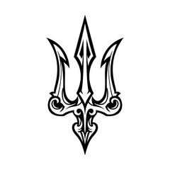 Ornate Tribal-Style Trident Vector Illustration with Decorative Swirls and Symmetrical Design