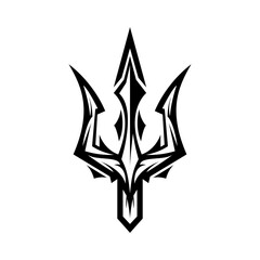 Ornate Tribal-Style Trident Vector Illustration with Decorative Swirls and Symmetrical Design
