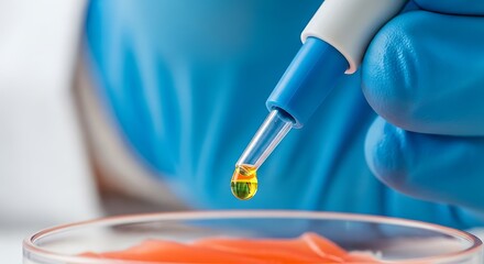Macro Close-up of a micropipette tip dispensing a droplet into a petri dish containing a sample. Scientific food safety experiment in a lab.