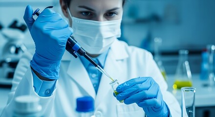 Focused scientist in a face mask conducting a chemical experiment in a modern research laboratory