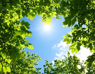 Bright sun shines through a canopy of vibrant green leaves against a clear blue sky