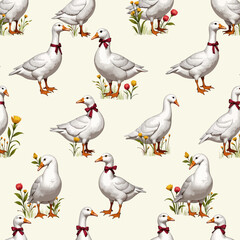 Fototapeta premium Pattern of whimsical geese wearing red bows among flowers 
