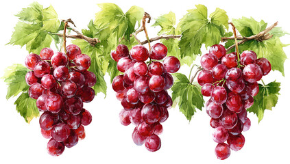 Three bunches of vibrant red grapes hang from vine branches, detailed with green leaves.  Watercolor style