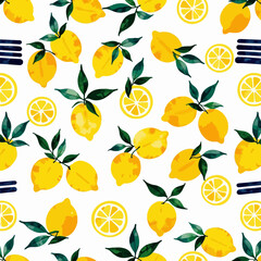 Colorful lemon pattern with green leaves and slices on white background  