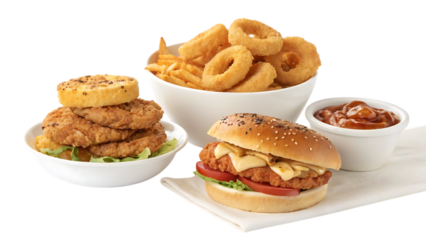 Still life of burgers onion rings and dipping sauce