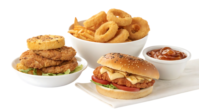 Still life of burgers onion rings and dipping sauce