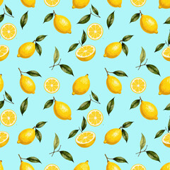 Obraz premium Lemon pattern with leaves on light blue background 