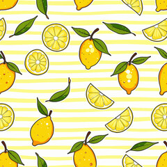 Lemon pattern with slices and leaves on yellow striped background  