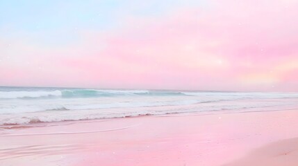 Obraz premium Serene Pink Sunset Over Calm Ocean Waves on Tranquil Beach Shoreline