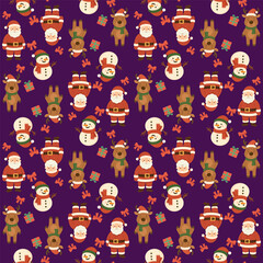 Colorful holiday pattern showcases Santa, snowmen, reindeer, and presents, creating a festive and joyful atmosphere perfect for Christmas-themed projects