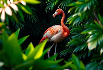 Fototapeta premium Elegant flamingo silhouette subtly framed by lush foliage within a square composition, shadow, graphic