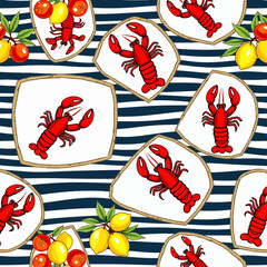 Lobster illustrations on striped background with citrus fruits  