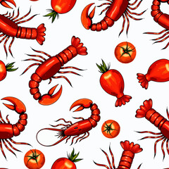 Colorful pattern with lobsters, tomatoes, and carrots on white background  